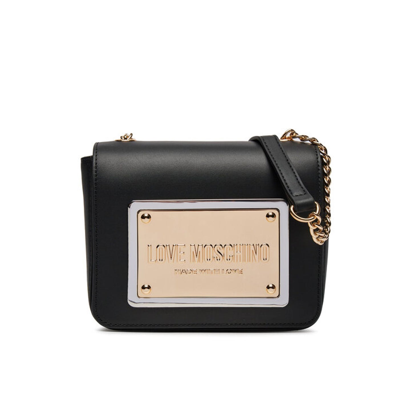 حقيبة كتف Love Moschino بسلسلة وشعار معدني فاخر – أسود