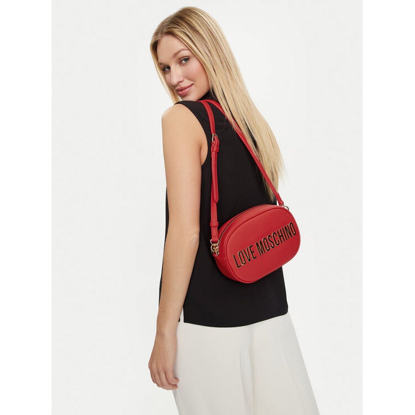Love Moschino Bold Lettering Oval Shoulder Bag – Red